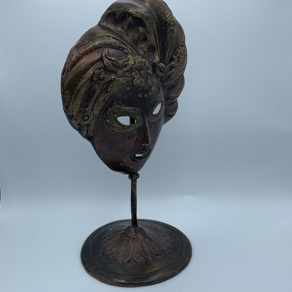 Vintage Mardi Gras Theatrical Face Mask on Stand Copper Brass ‘Antique’ Finish